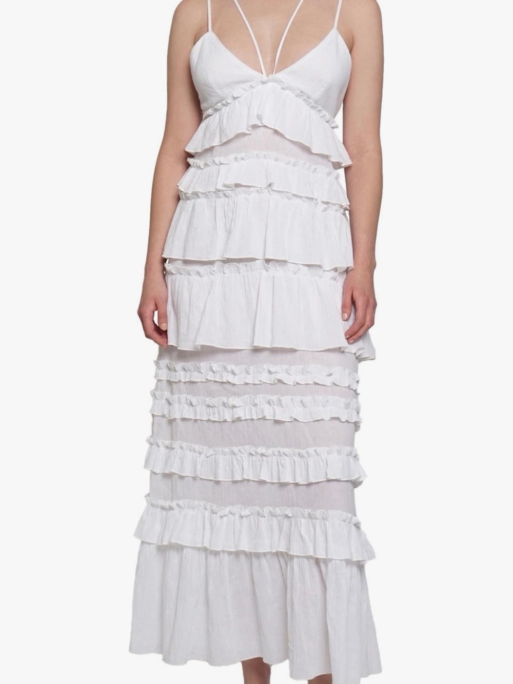 Tiered Ruffle Maxi Dress in White with Spaghetti Straps